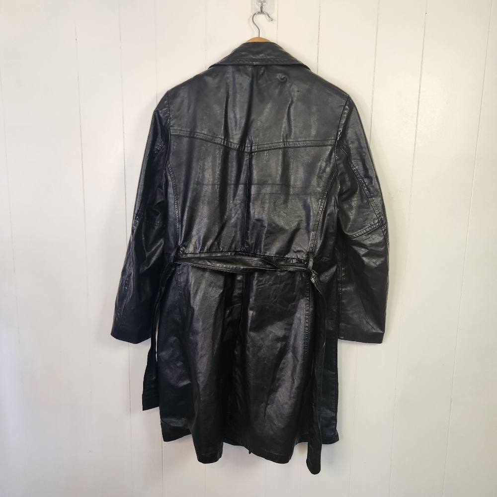 Vintage 1970s Long Black Leather Coat Jacket Mens size Medium Faux Fur Winter - Picture 5 of 16